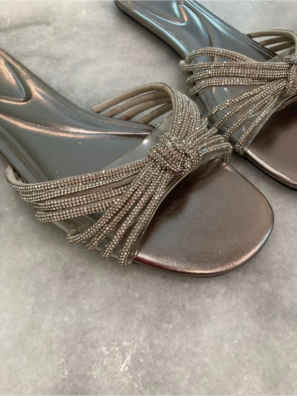 ZARA Silver Rhinestone Crystal Open Toe Flat Slide Sandals - Picture 4 of 14